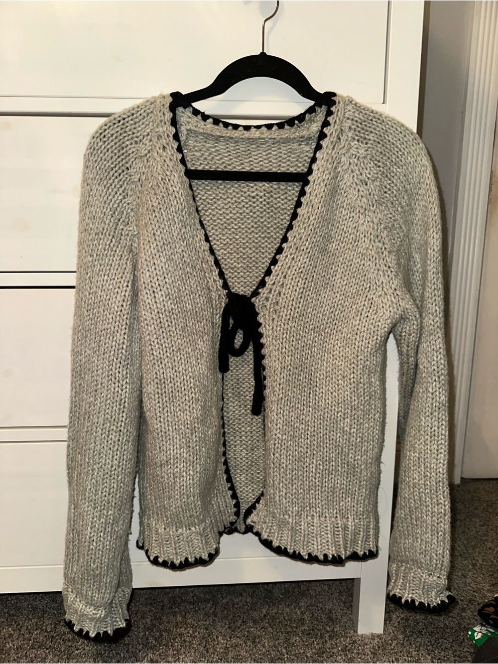 Gray Knit Cardigan Sweater with Black Trim